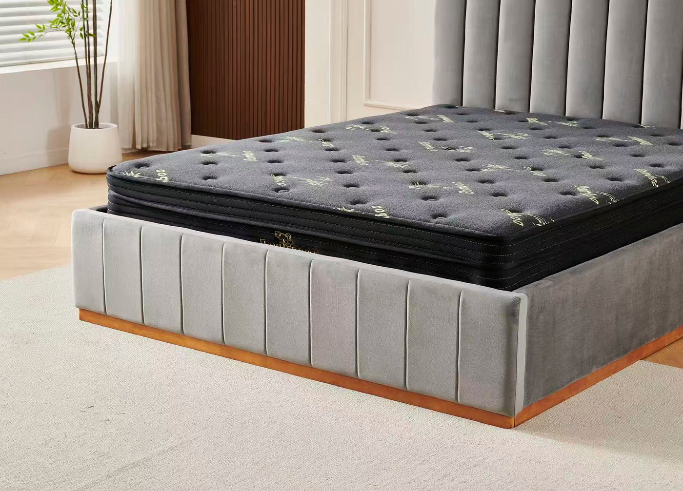 Grey velvet Channel Bed Frame + Charcoal 20cm Bamboo Mattress