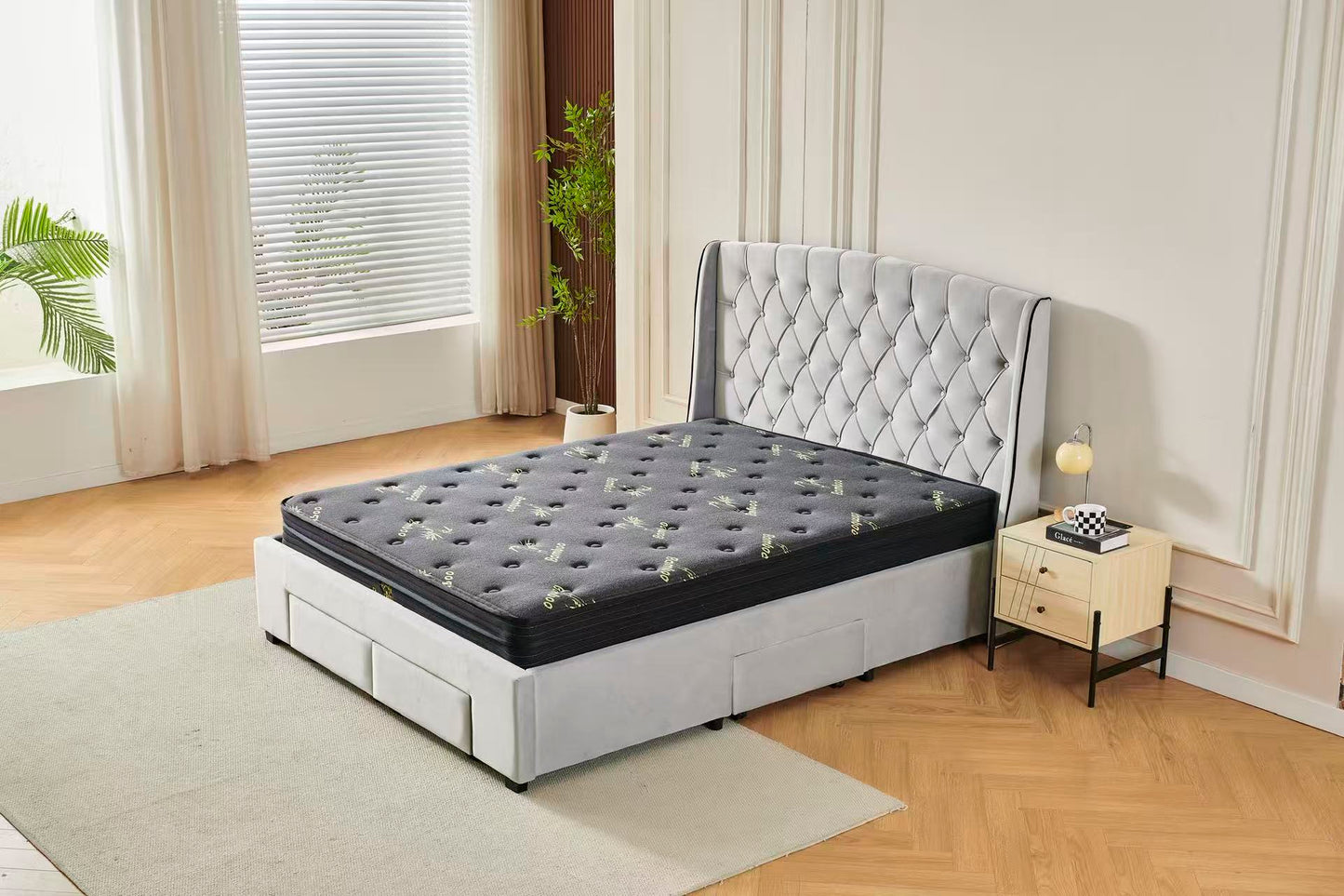 Tufted Bed Frame Light Grey (4 Drawers) + Charcoal 20cm Bamboo Mattress