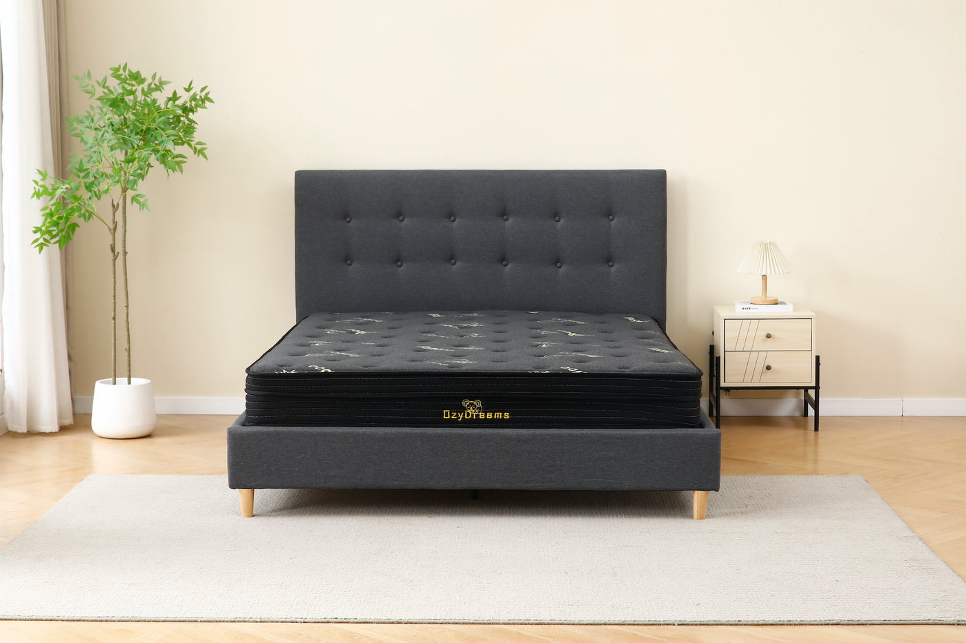Dark Grey Tiffany Upholstered Bed with 20cm Charcoal Bamboo Mattress