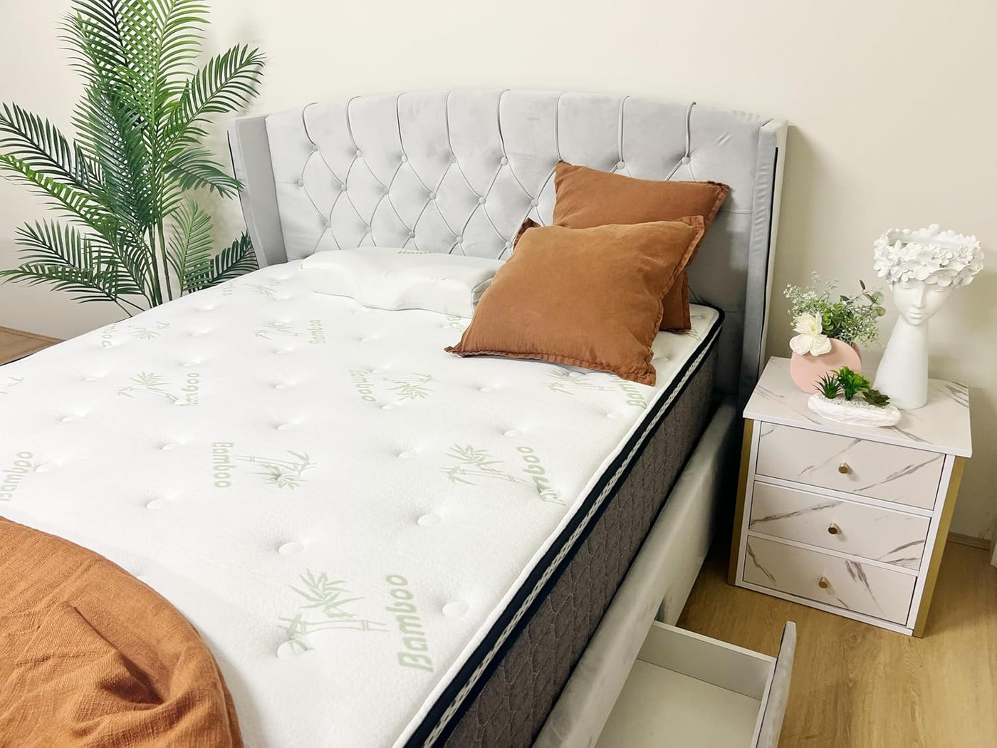 Tufted Bed Frame Light Grey (4 Drawers) + 30cm Pillow Top Bamboo Mattress