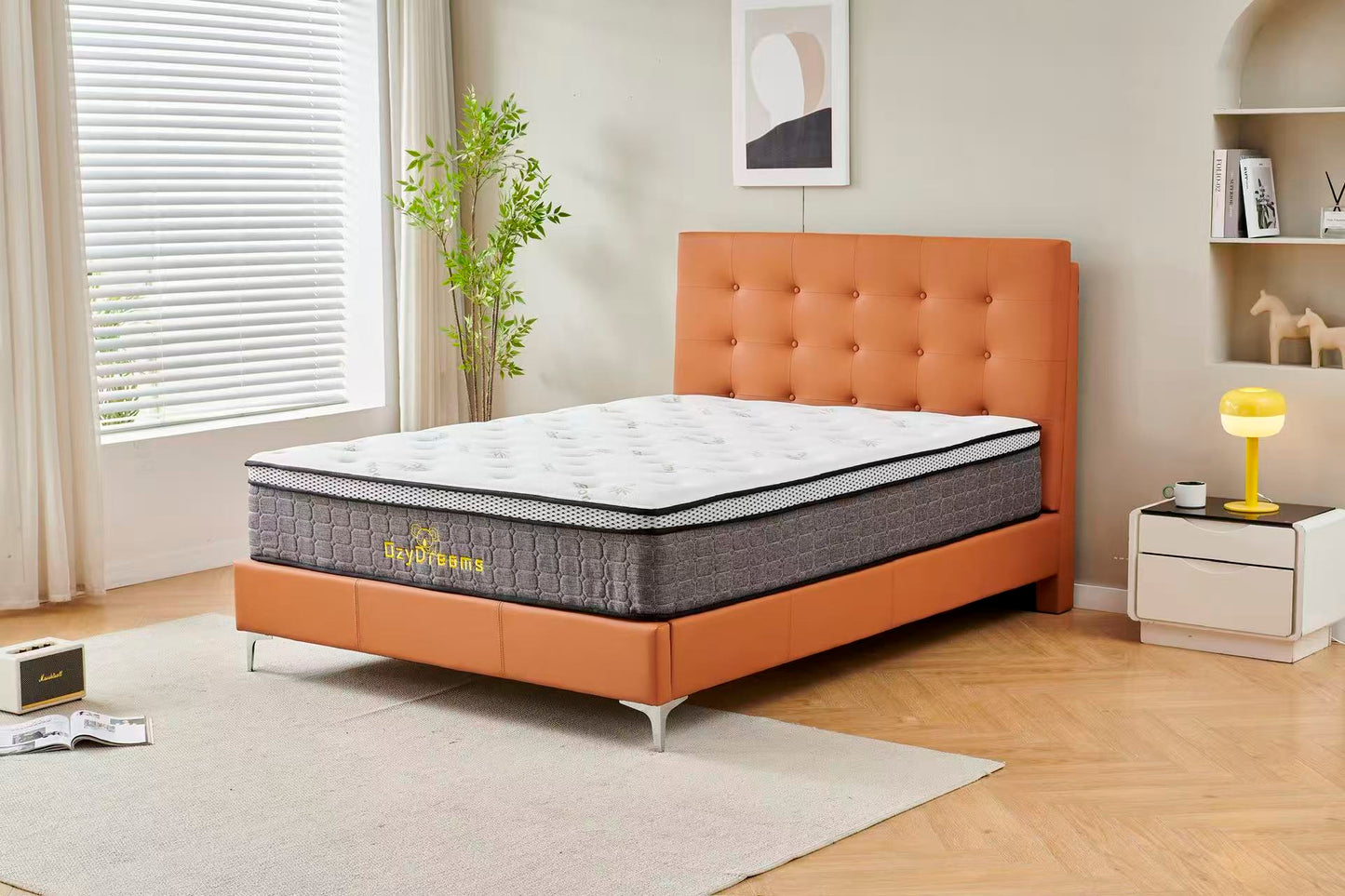 Orange Tiffany upholstered bed + White 30cm pillow top bamboo mattress