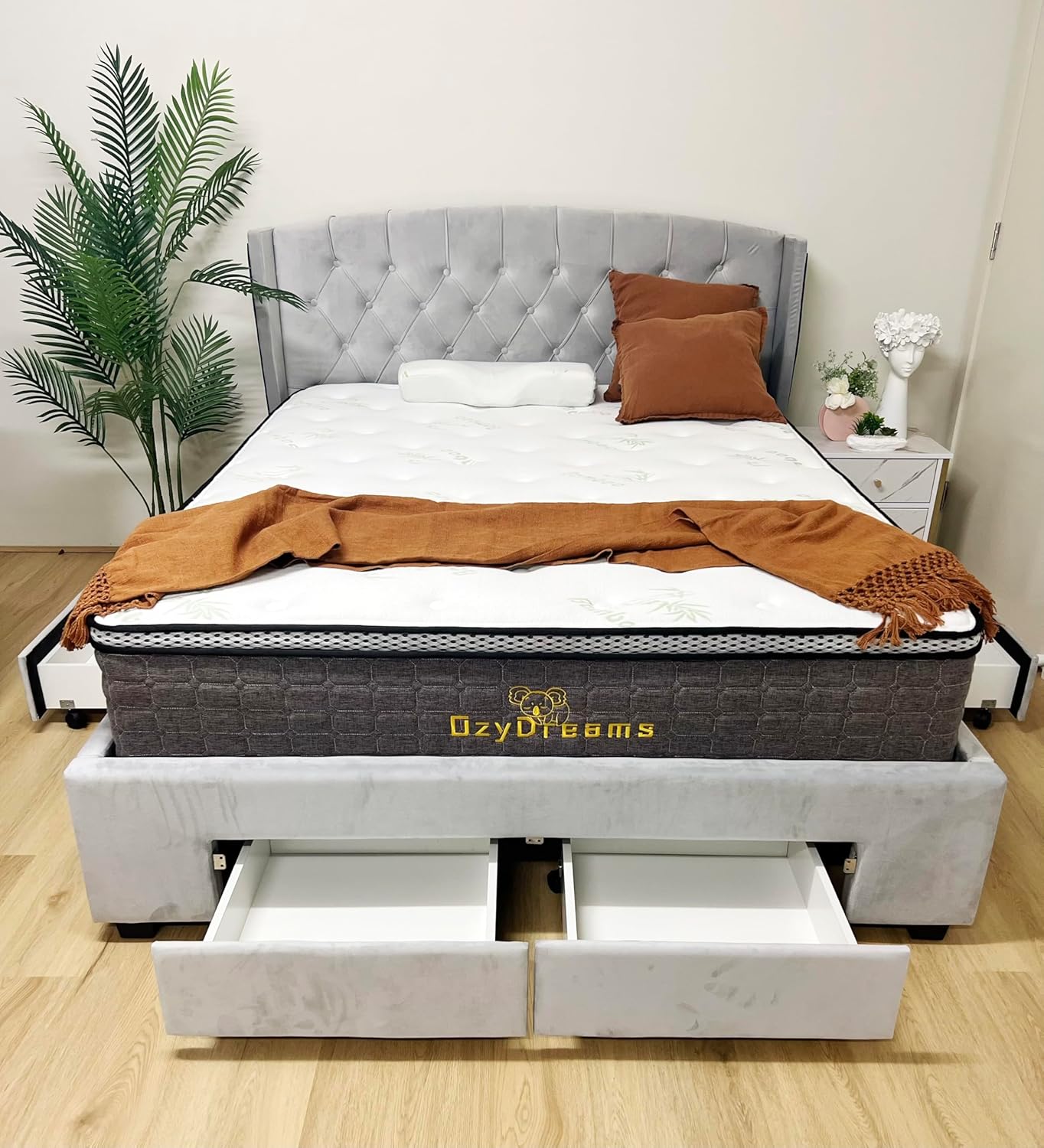 Tufted Bed Frame Light Grey (4 Drawers) + 30cm Pillow Top Bamboo Mattress