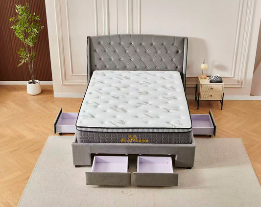 Tufted Bed Frame Dark Grey (4 Drawers) + 30cm Pillow Top Bamboo Mattress