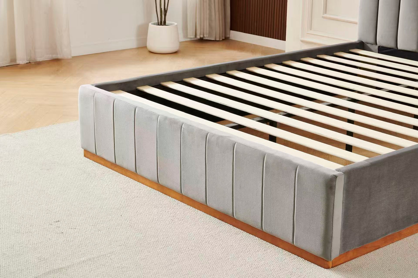 Grey Channel Tufted Velvet Bed Frame