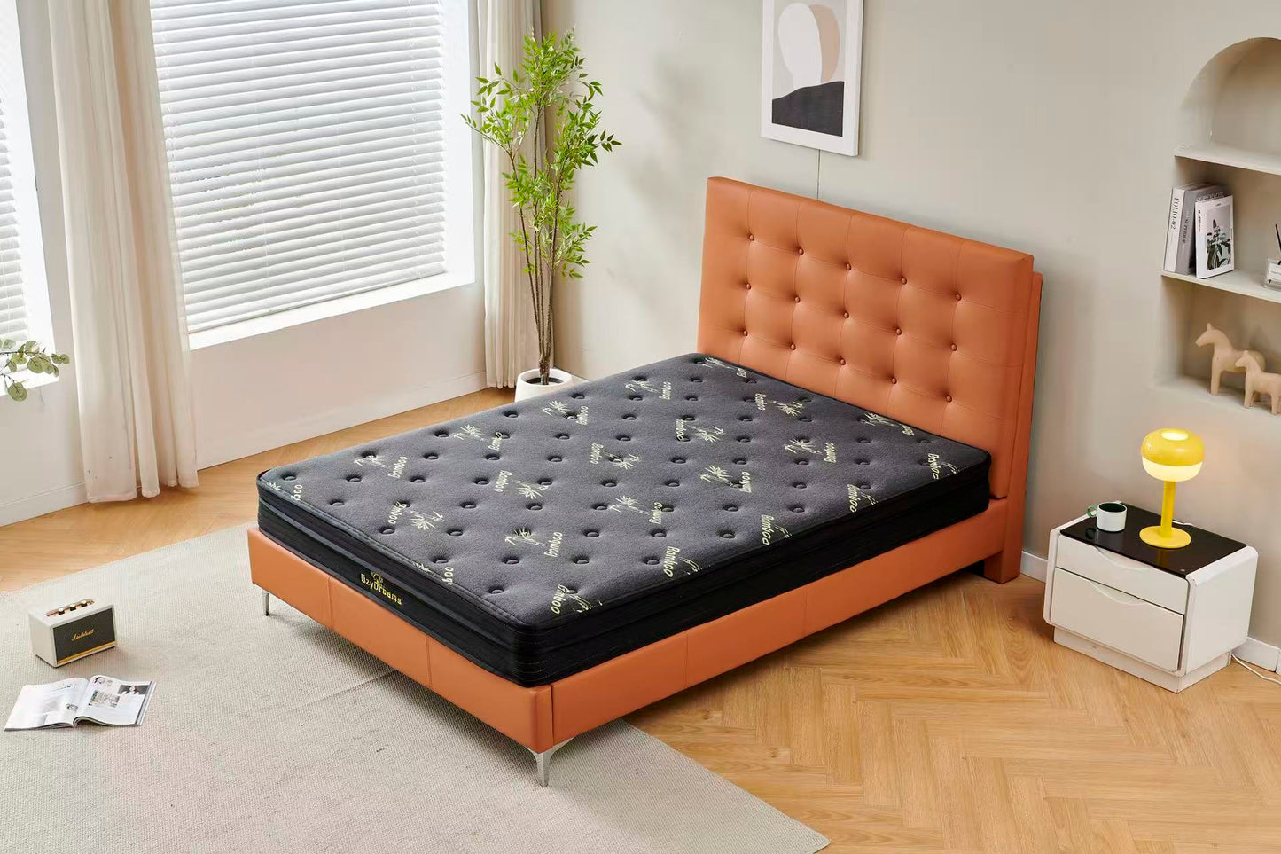Orange Tiffany upholstered bed + Charcoal 20cm bamboo mattress