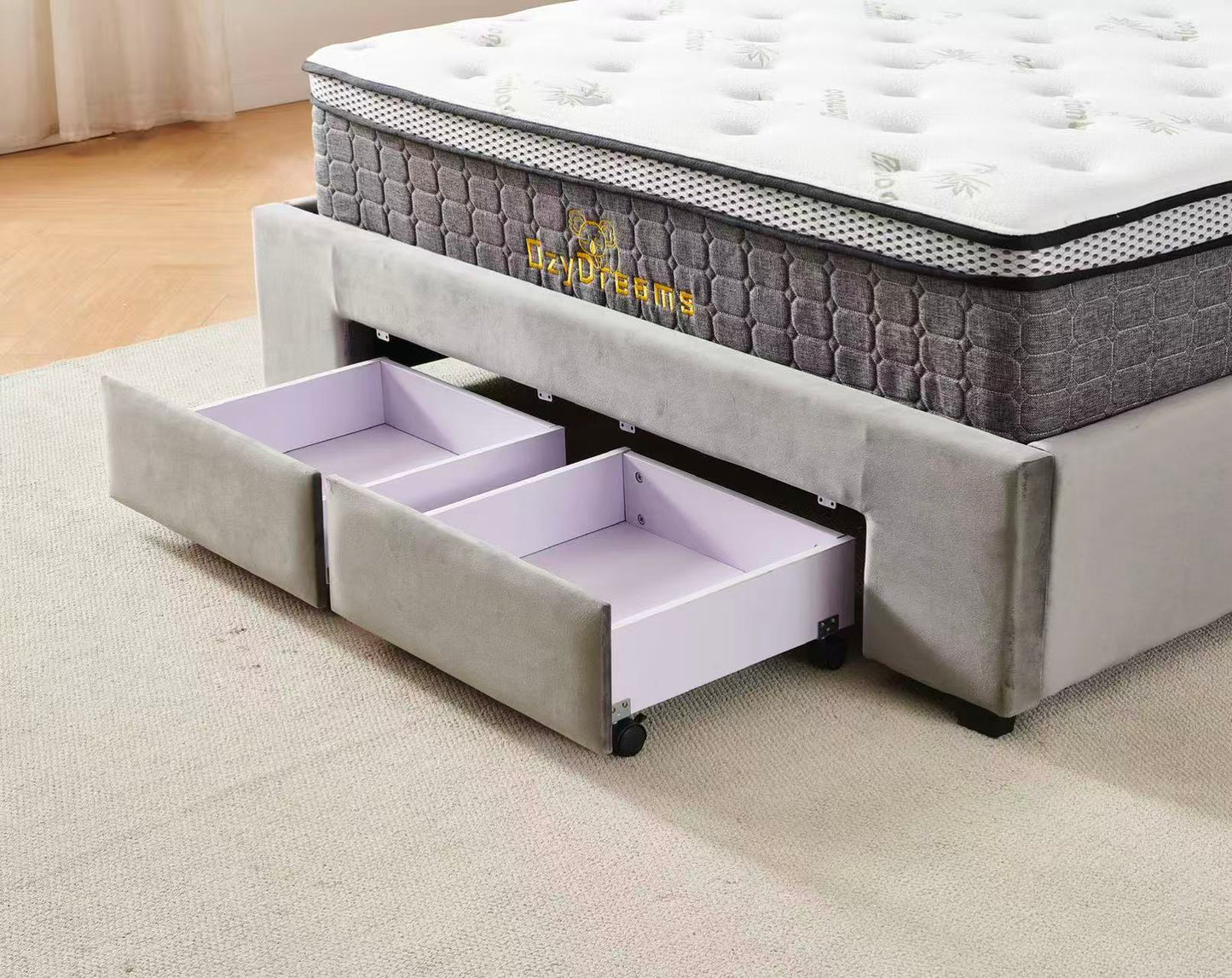 Tufted Bed Frame Dark Grey (4 Drawers) + 30cm Pillow Top Bamboo Mattress