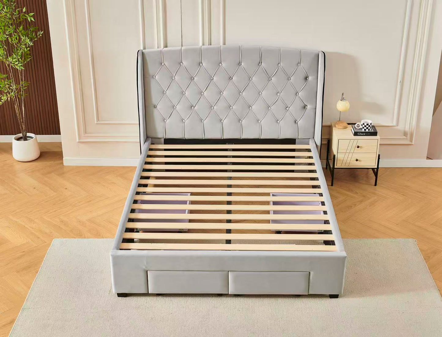 Tufted Bed Frame With Drawers Light Grey