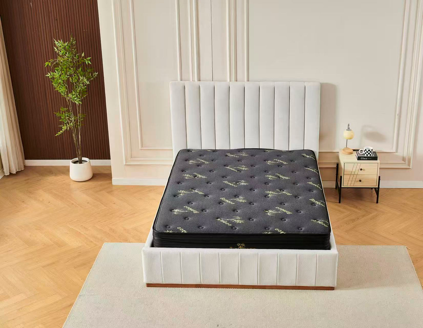 Beige Channel Bed Frame + Charcoal 20cm Bamboo Mattress (Queen Size)