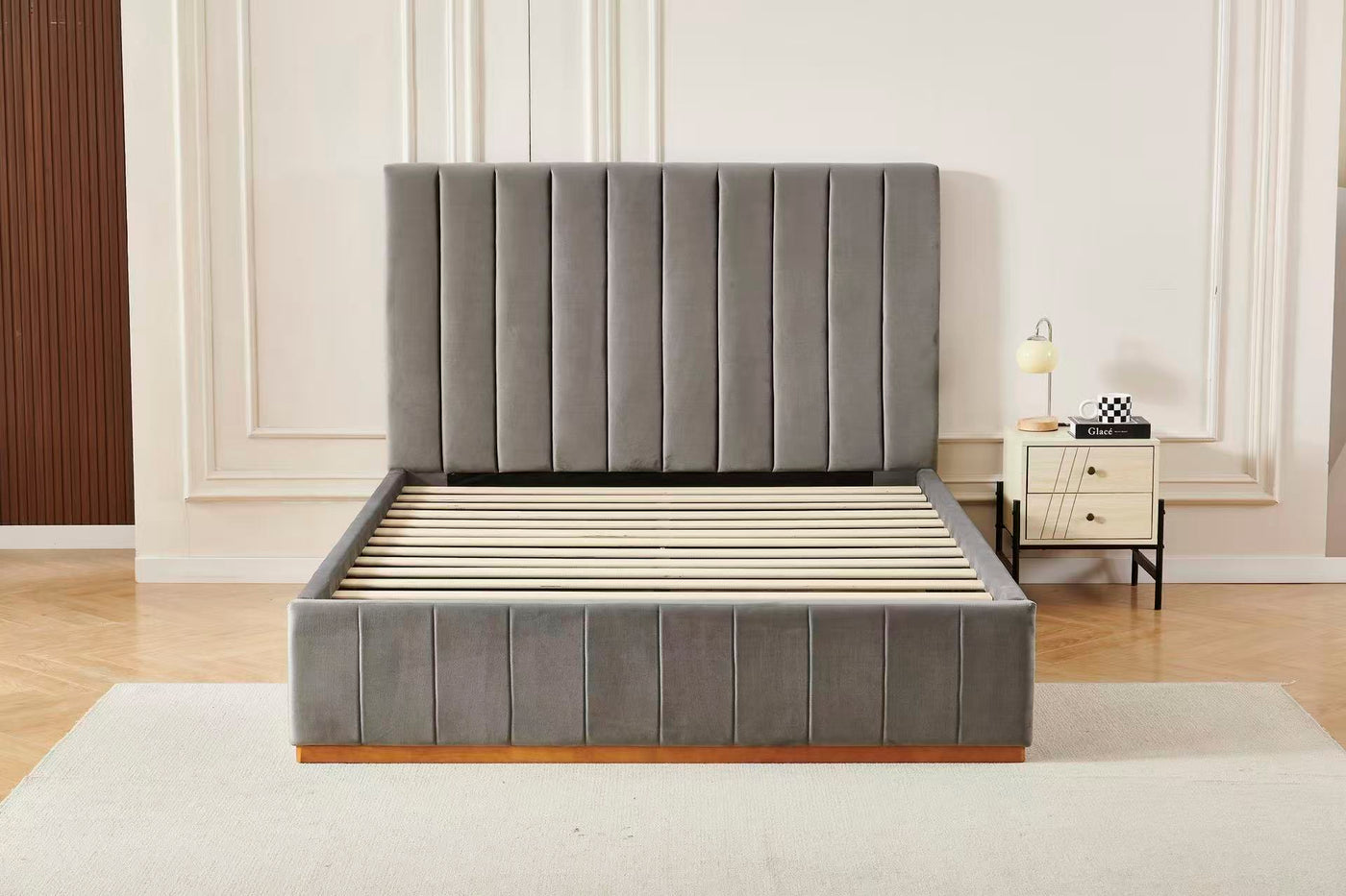OzyDreams Grey Channel Tufted Velvet Bed Frame
