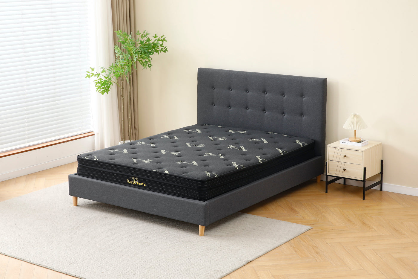 Dark Grey Tiffany Upholstered Bed with 20cm Charcoal Bamboo Mattress