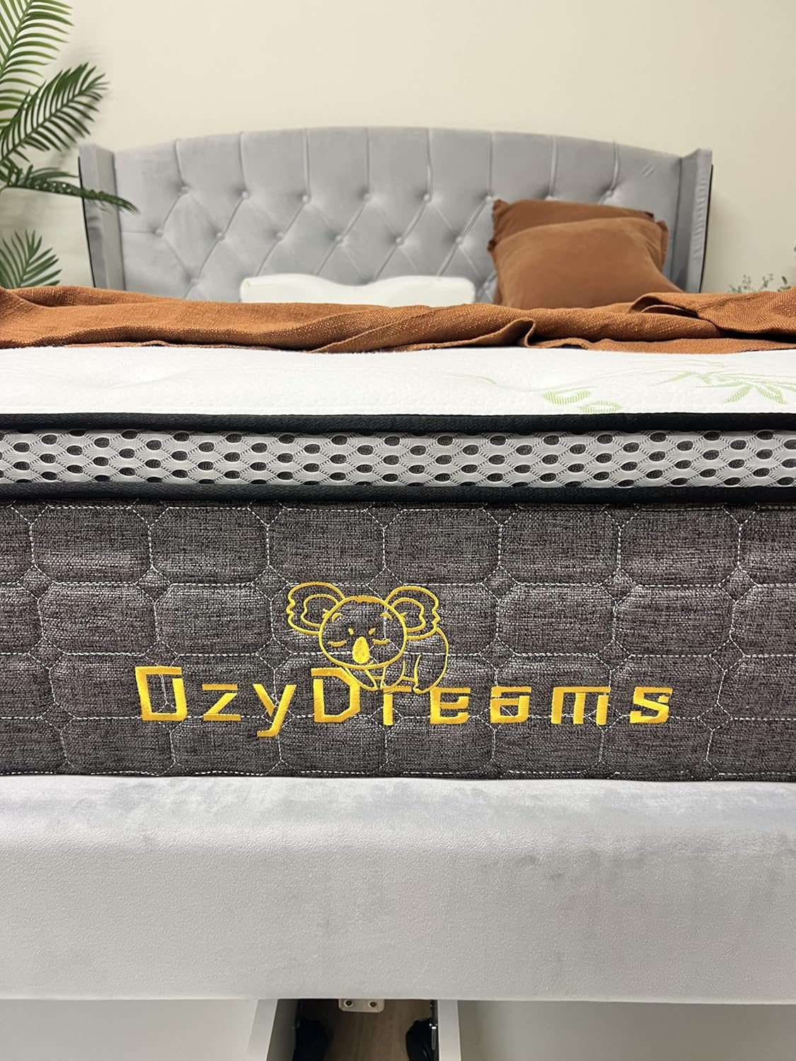 Tufted Bed Frame Light Grey (4 Drawers) + 30cm Pillow Top Bamboo Mattress