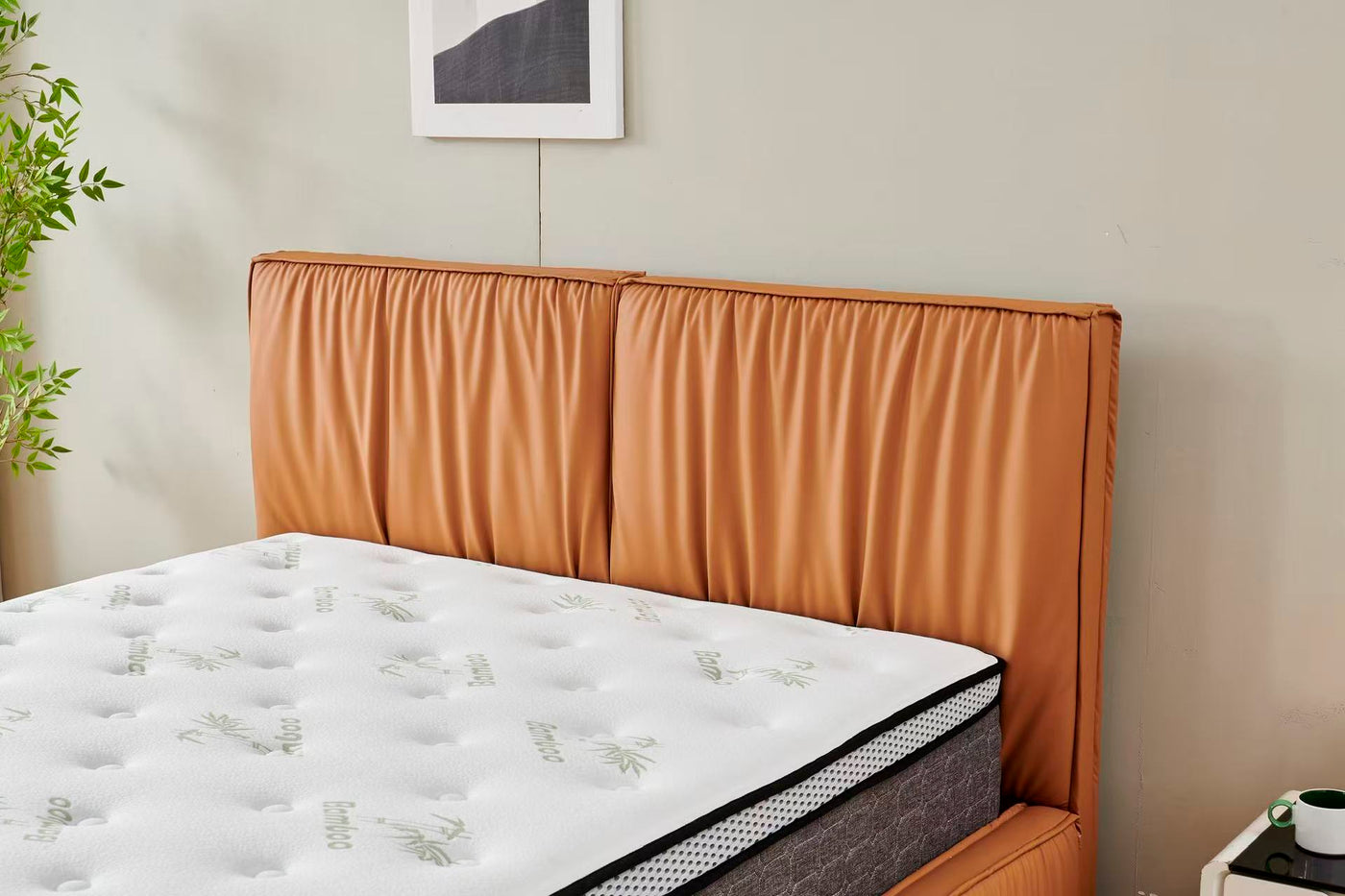 Luxury Leather Ruched Bed with 30cm Bamboo Pillow Top Mattress