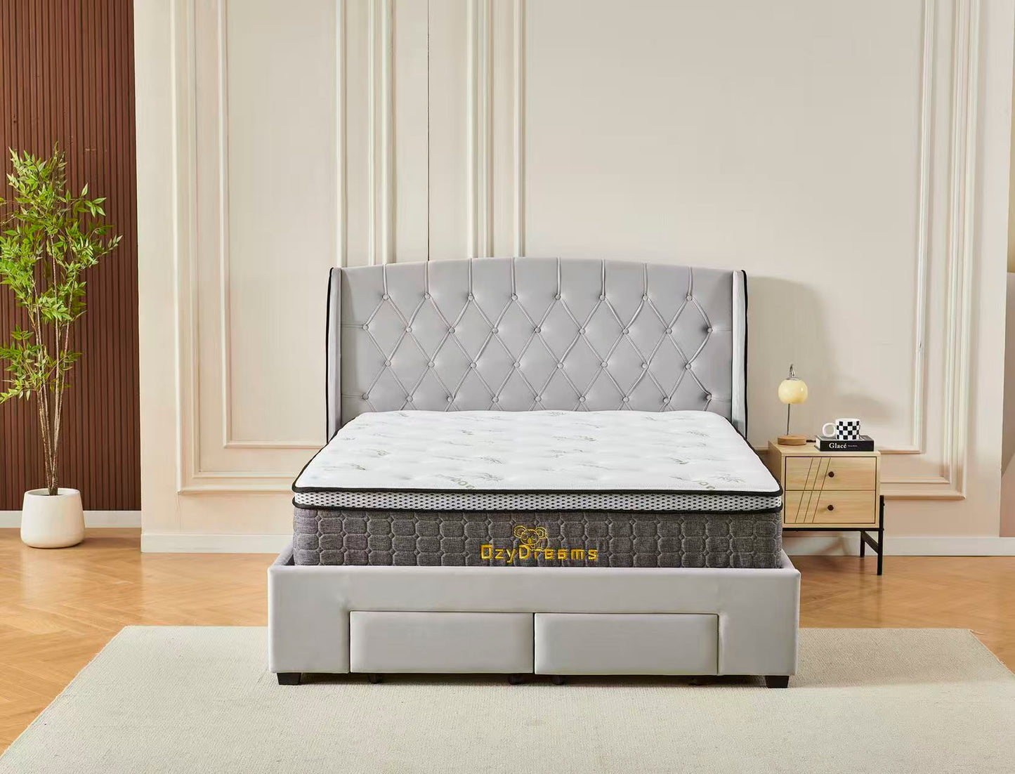 Tufted Bed Frame Light Grey (4 Drawers) + 30cm Pillow Top Bamboo Mattress