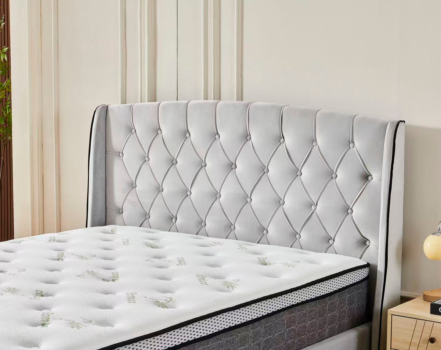 Tufted Bed Frame Light Grey (4 Drawers) + 30cm Pillow Top Bamboo Mattress
