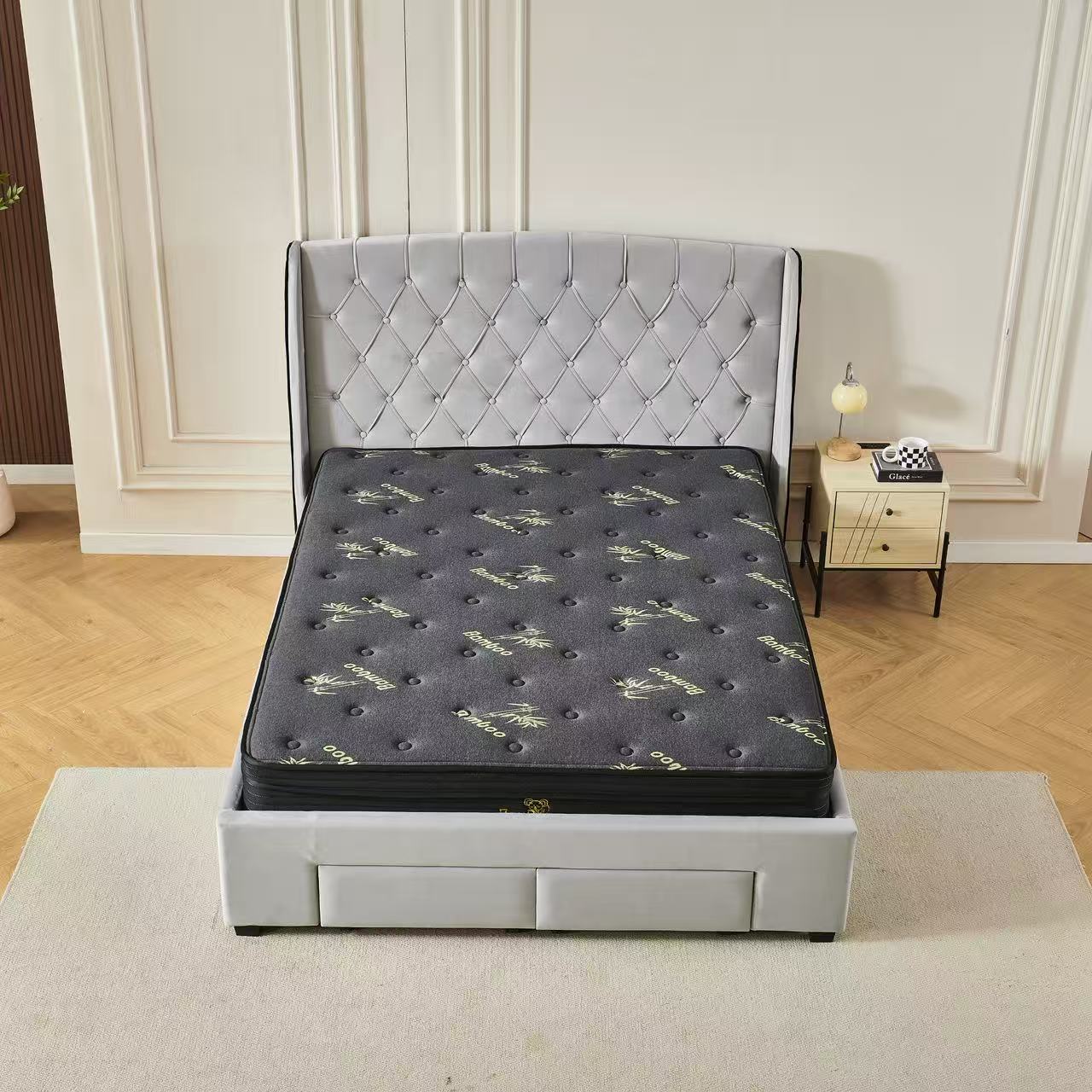 Tufted Bed Frame Light Grey (4 Drawers) + Charcoal 20cm Bamboo Mattress