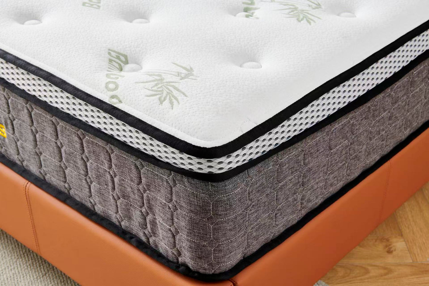 Orange Tiffany upholstered bed + White 30cm pillow top bamboo mattress