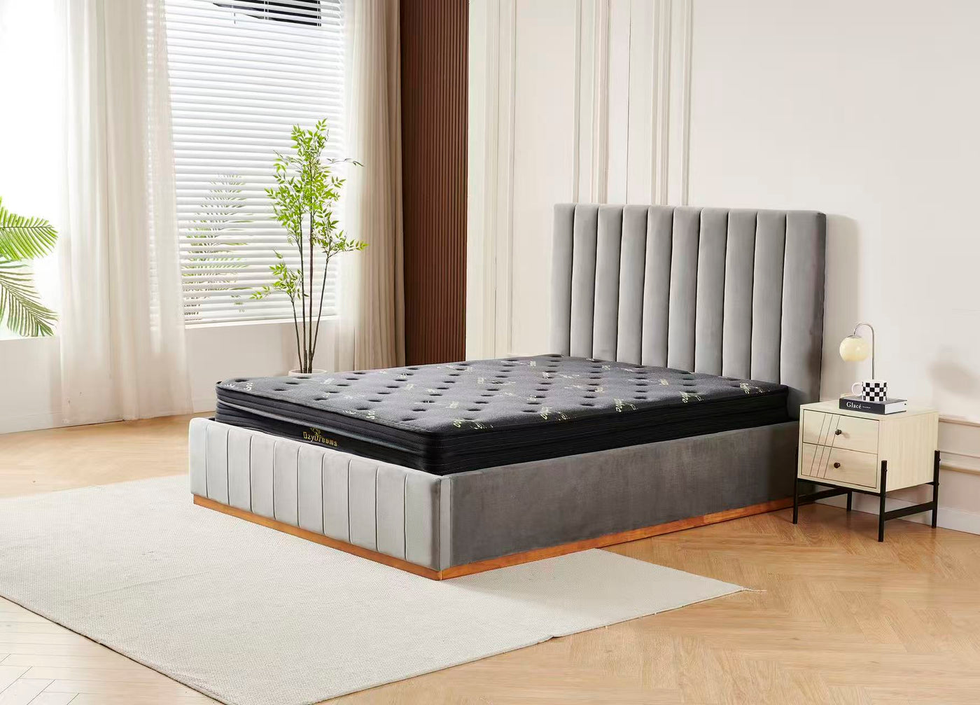 Grey velvet Channel Bed Frame + Charcoal 20cm Bamboo Mattress