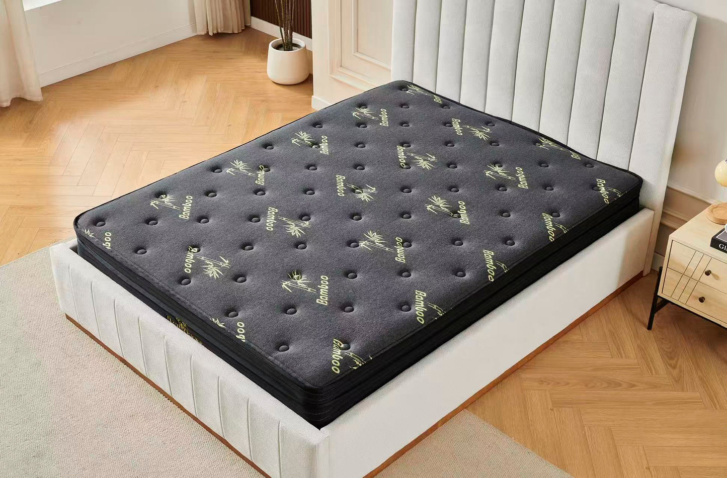 Beige Channel Bed Frame + Charcoal 20cm Bamboo Mattress (Queen Size)