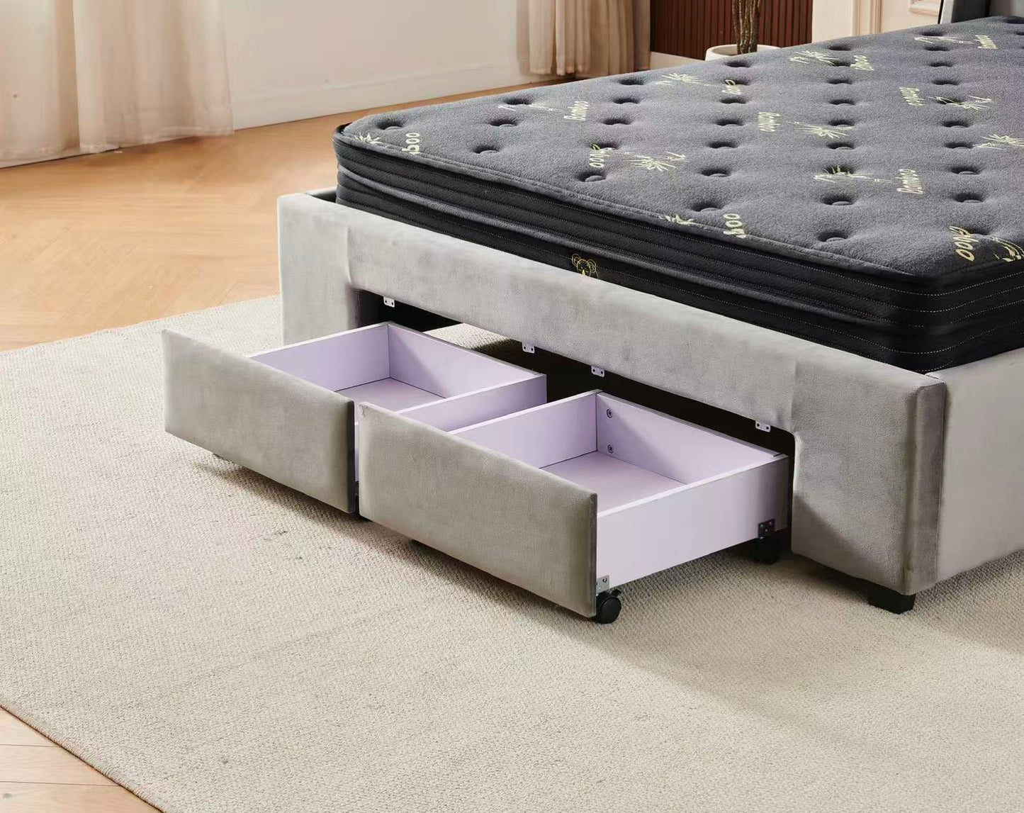 Tufted Bed Frame Dark Grey (4 Drawers) + Charcoal 20cm Bamboo Mattress