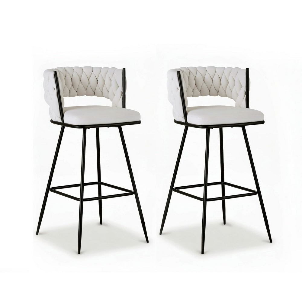 2x Bar Stools Kitchen Dining Chair Counter Stool Woven Velvet Metal Ivory – product image 1