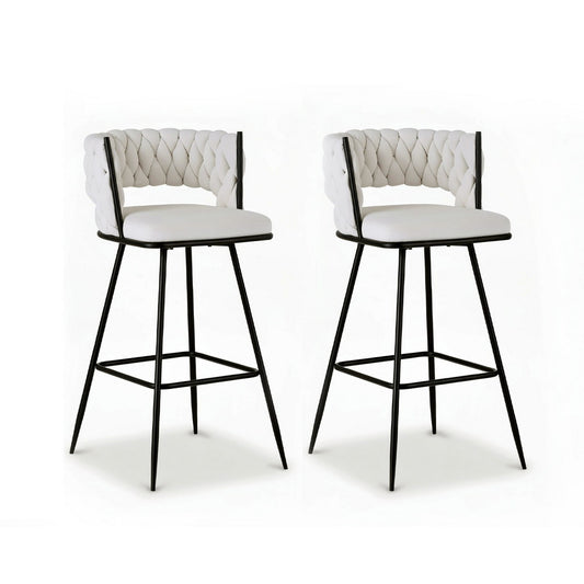 2x Bar Stools Kitchen Dining Chair Counter Stool Woven Velvet Metal Ivory – product image 1