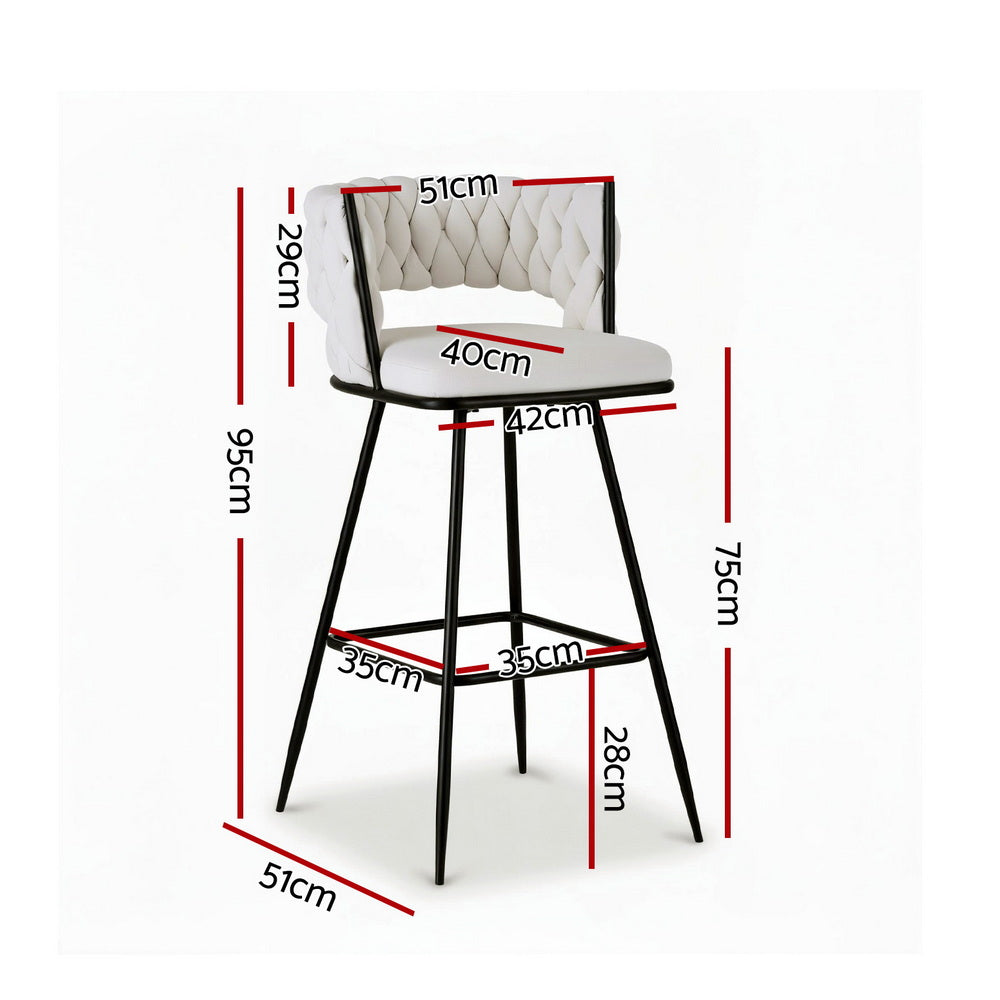 2x Bar Stools Kitchen Dining Chair Counter Stool Woven Velvet Metal Ivory – product image 2