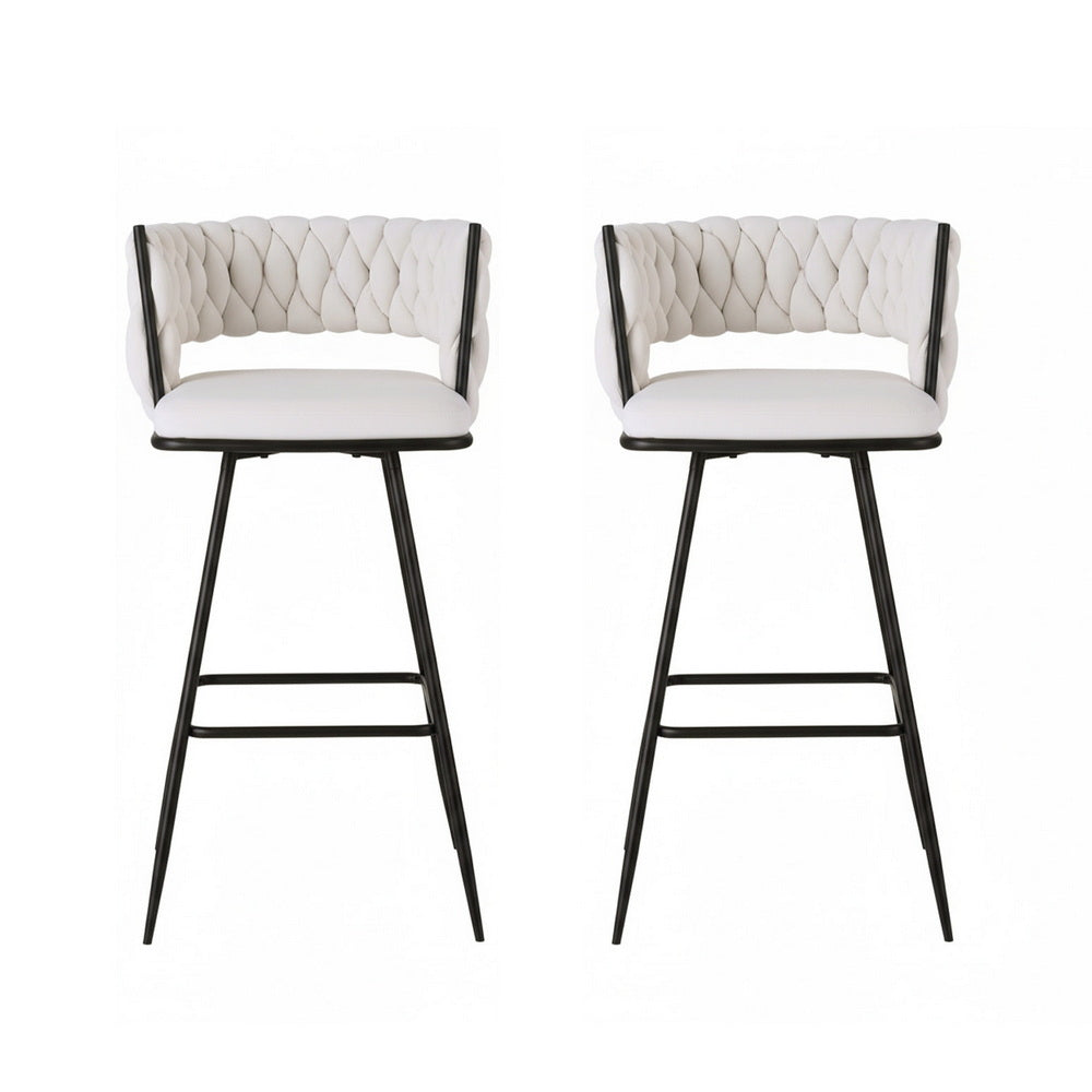 2x Bar Stools Kitchen Dining Chair Counter Stool Woven Velvet Metal Ivory – product image 3