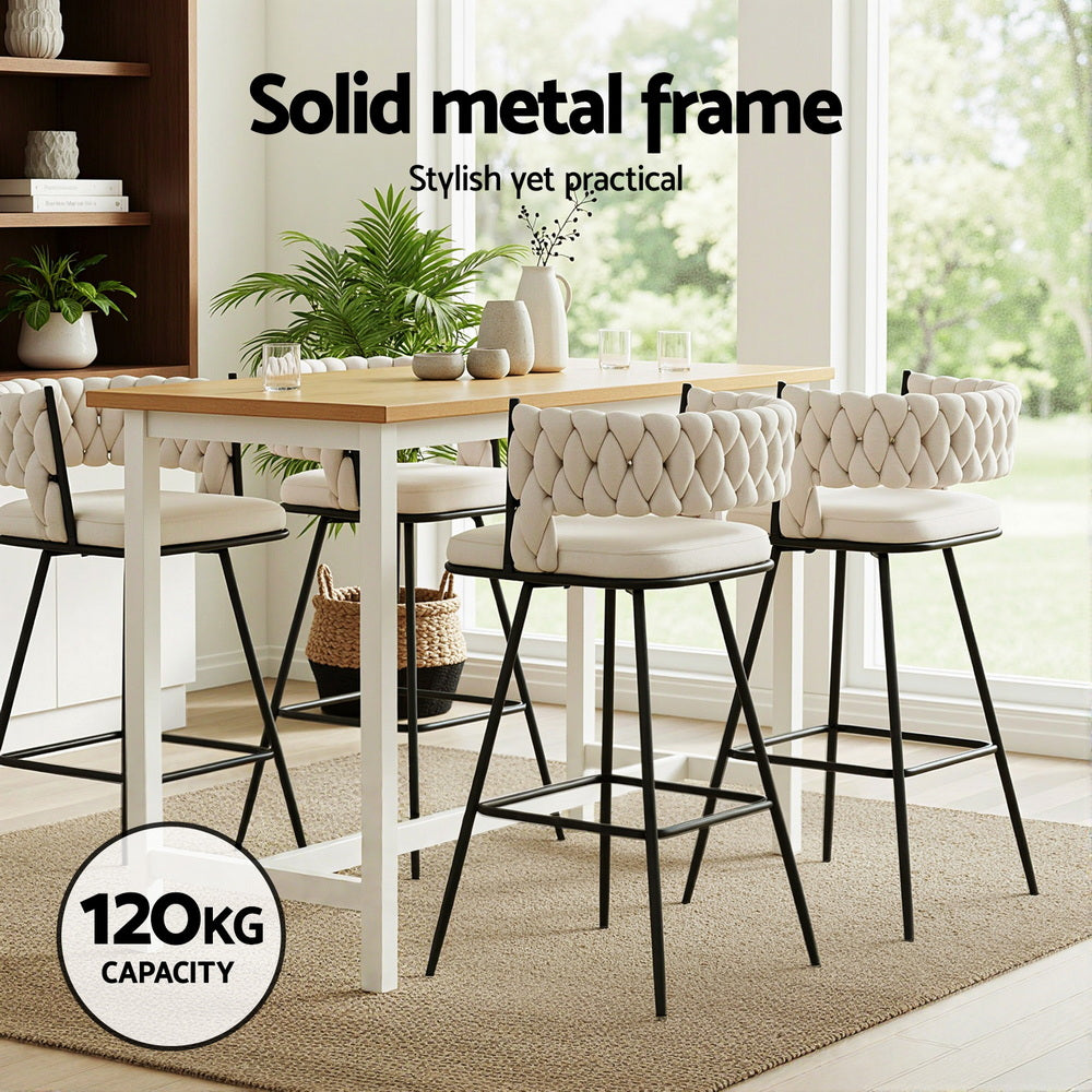 2x Bar Stools Kitchen Dining Chair Counter Stool Woven Velvet Metal Ivory – product image 4
