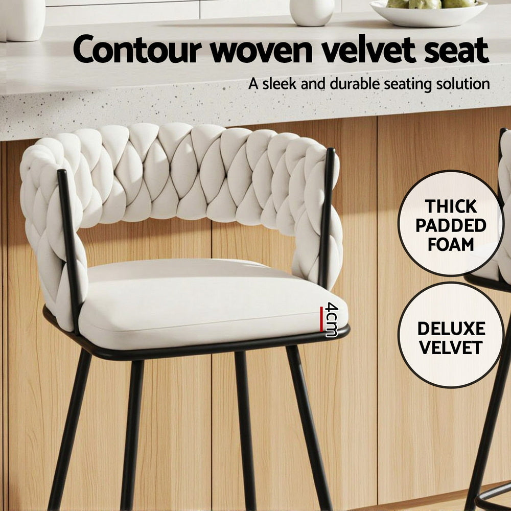 2x Bar Stools Kitchen Dining Chair Counter Stool Woven Velvet Metal Ivory – product image 5