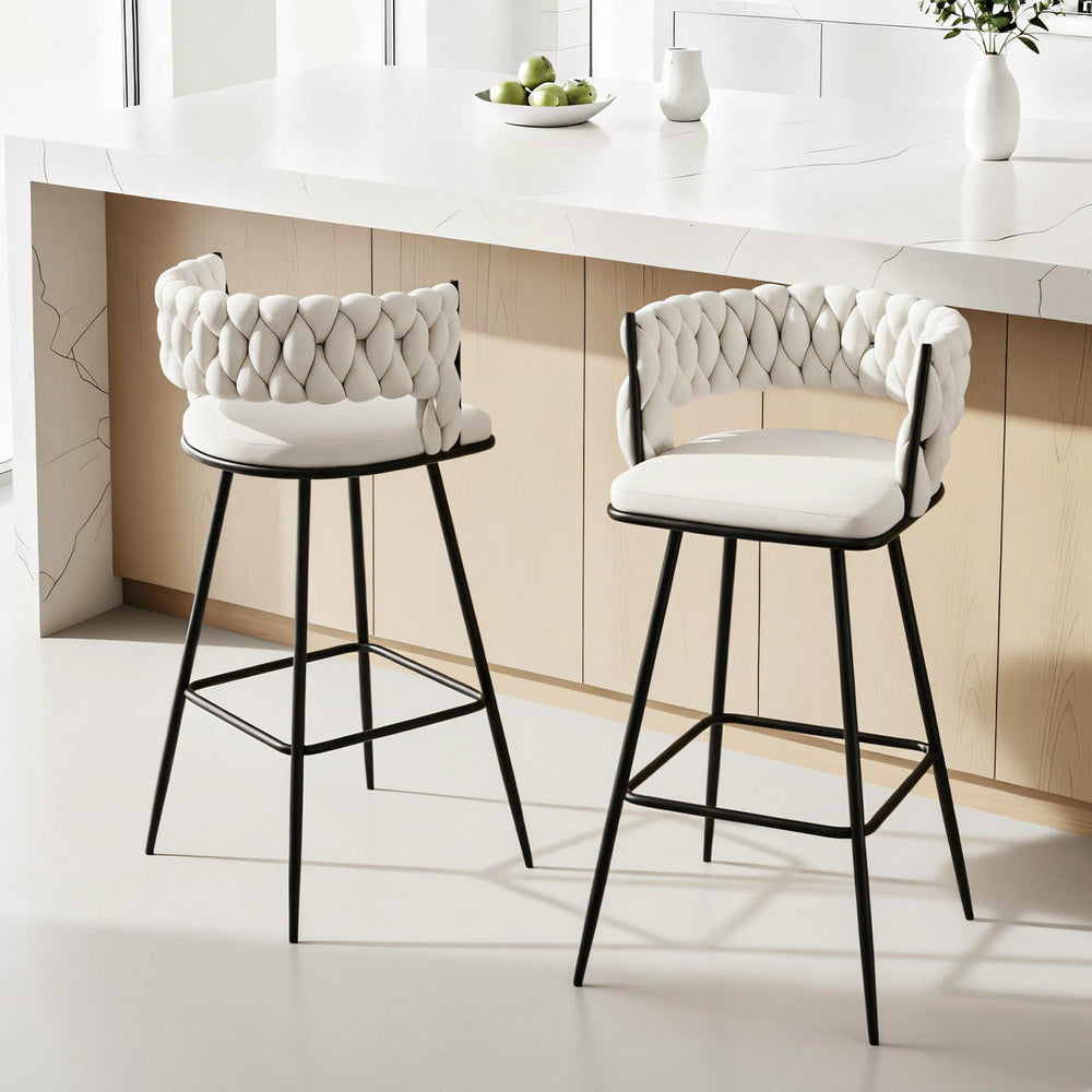 2x Bar Stools Kitchen Dining Chair Counter Stool Woven Velvet Metal Ivory – product image 7