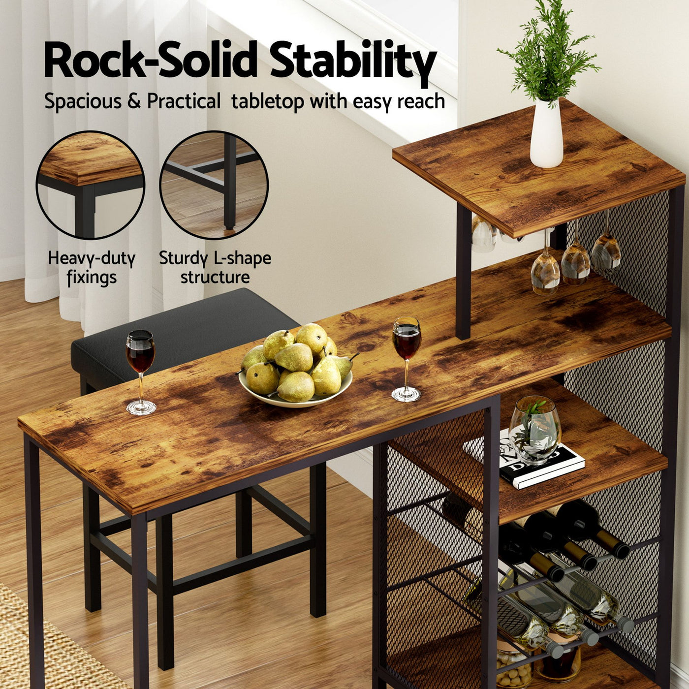 3Pcs Bar Table and Stools Set Dining Table Solid Wood Kitchen Chairs Cafe Pub – product image 8