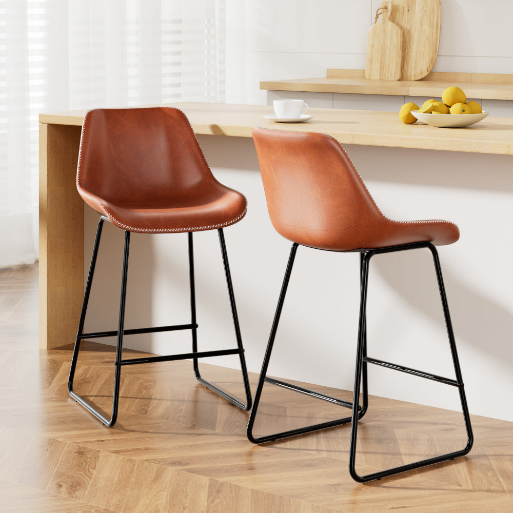 Bar Stools Kitchen Counter Barstools Leather Metal Chairs Brown x2 – product image 1