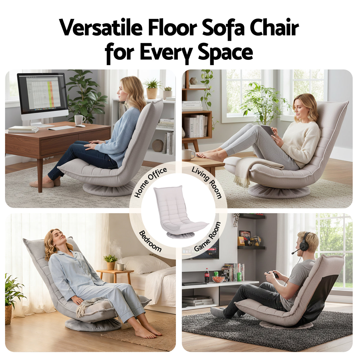 Artiss Swivel Floor Chair 5 Adjustable Foldable Lounge Seat Floor Sofa Chair Beige Grey
