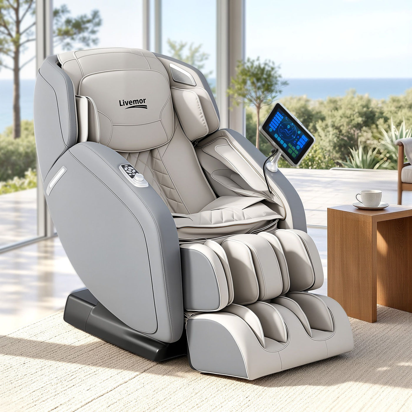 Livemor 4D Massage Chair Recliner - Full Body SL-Track Zero Gravity with AI Body Scan, Deep Tissue Electric Massager with Heat, 12 Auto Programs, LCD Touchscreen & Bluetooth, Grey