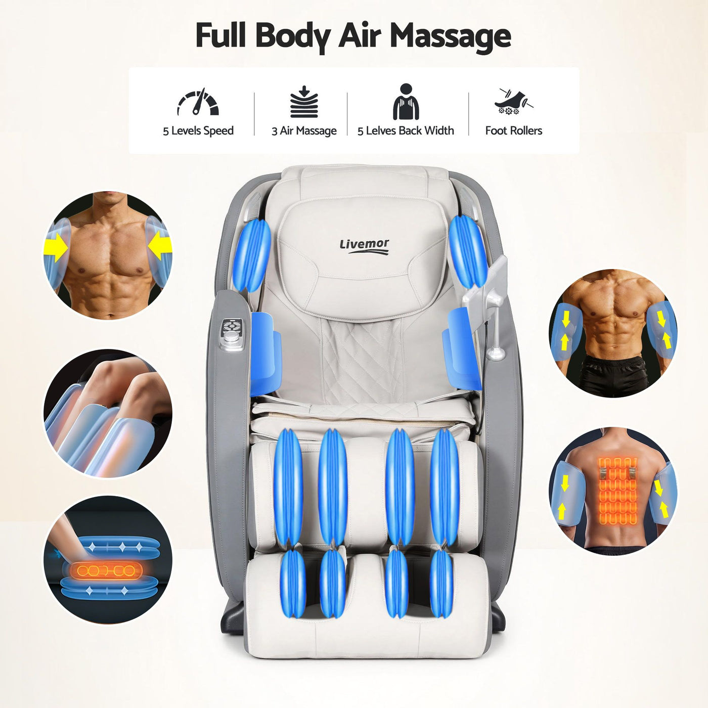 Livemor 4D Massage Chair Recliner - Full Body SL-Track Zero Gravity with AI Body Scan, Deep Tissue Electric Massager with Heat, 12 Auto Programs, LCD Touchscreen & Bluetooth, Grey