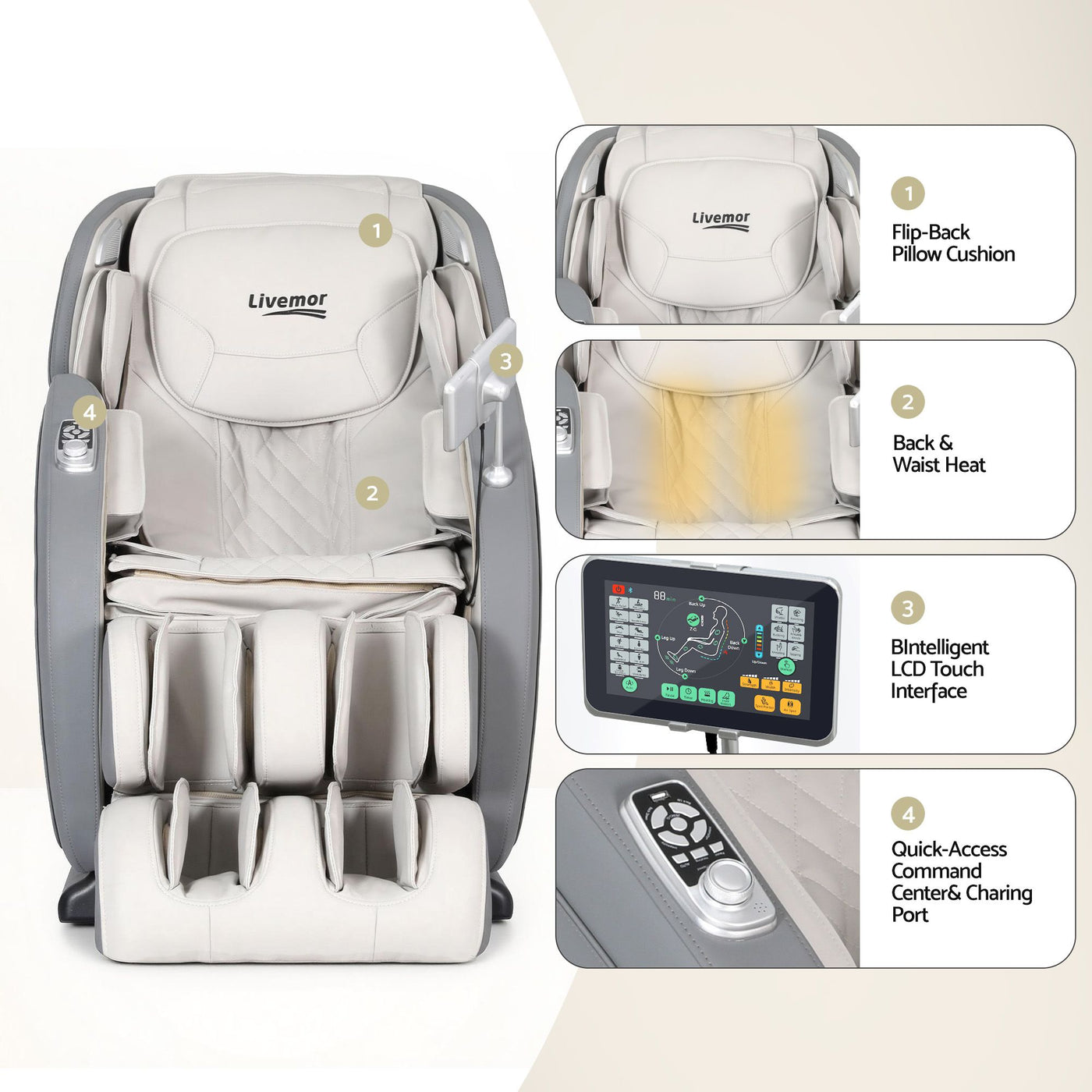 Livemor 4D Massage Chair Recliner - Full Body SL-Track Zero Gravity with AI Body Scan, Deep Tissue Electric Massager with Heat, 12 Auto Programs, LCD Touchscreen & Bluetooth, Grey