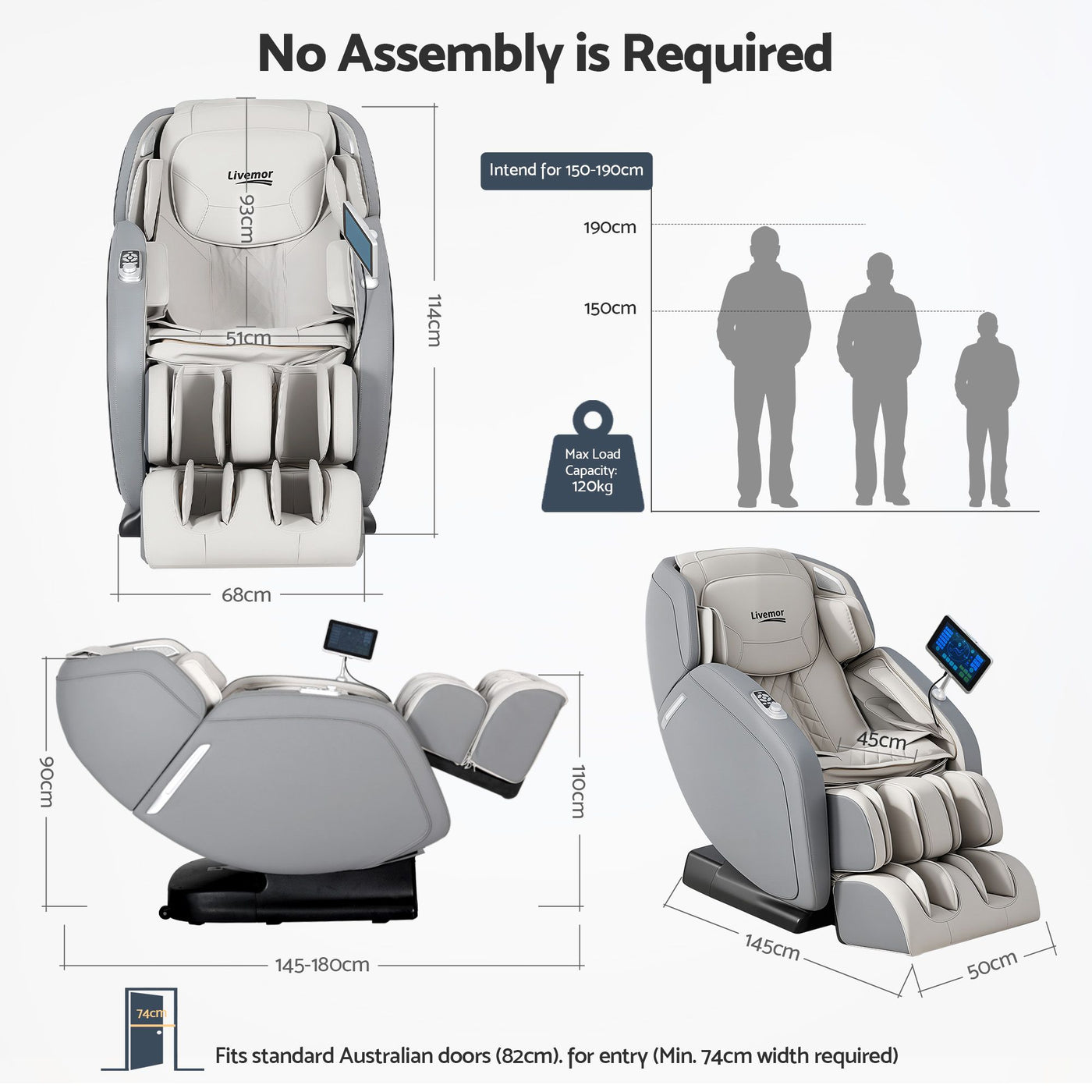 Livemor 4D Massage Chair Recliner - Full Body SL-Track Zero Gravity with AI Body Scan, Deep Tissue Electric Massager with Heat, 12 Auto Programs, LCD Touchscreen & Bluetooth, Grey