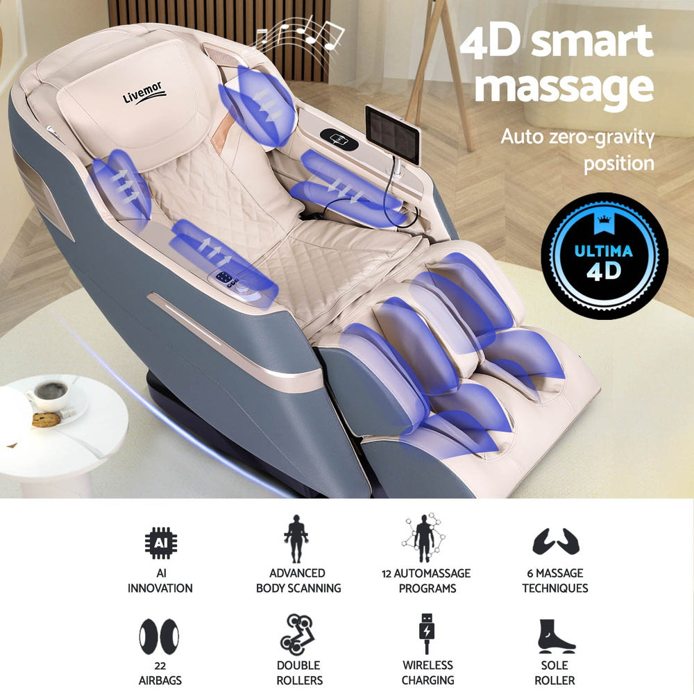 Livemor 4D Massage Chair Recliner SL Track Full Body Zero Gravity Massager Heated AI Body Scan SINA