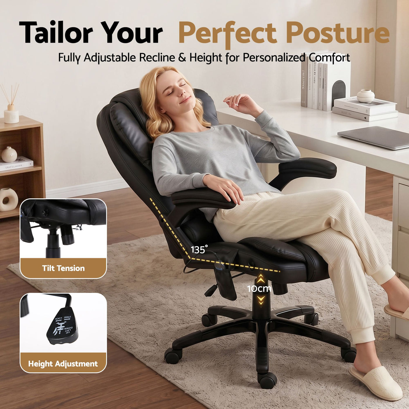 Artiss 8 Point Massage Office Chair Heated Seat Recliner PU Black
