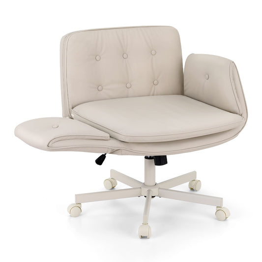 Artiss Criss Cross Chair with Wheels & Adjustable Armrests, Ergonomic Cross Legged Office Desk Chair PU Leather Vanity Chair Swivel for Home, Make Up, Bedroom, Computer, Beige