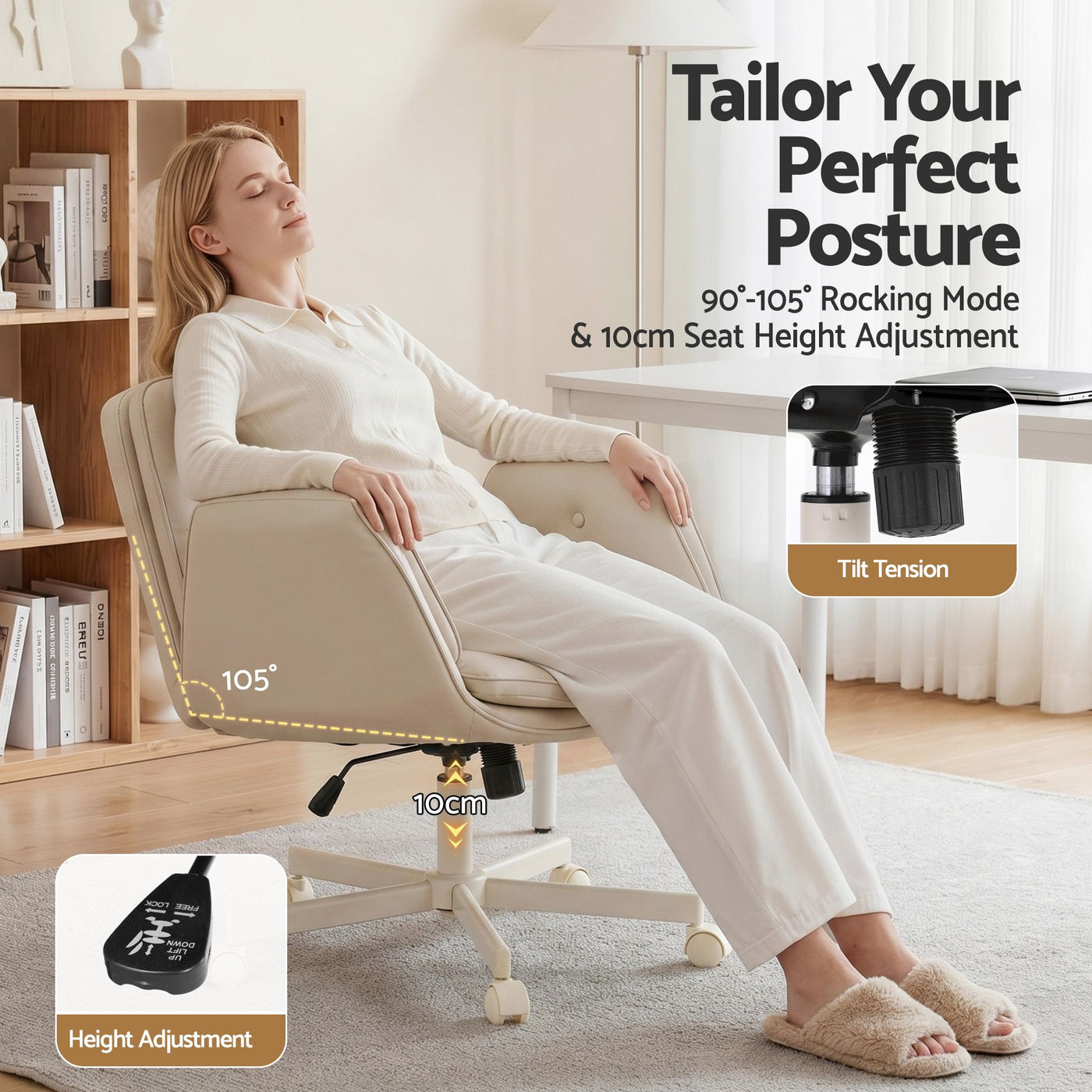 Artiss Criss Cross Chair with Wheels & Adjustable Armrests, Ergonomic Cross Legged Office Desk Chair PU Leather Vanity Chair Swivel for Home, Make Up, Bedroom, Computer, Beige