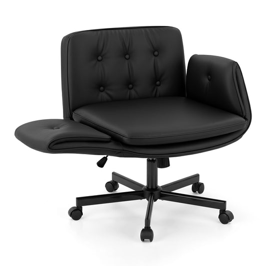 Artiss Criss Cross Chair with Wheels & Adjustable Armrests, Ergonomic Cross Legged Office Desk Chair PU Leather Vanity Chair Swivel for Home, Make Up, Bedroom, Computer, Black
