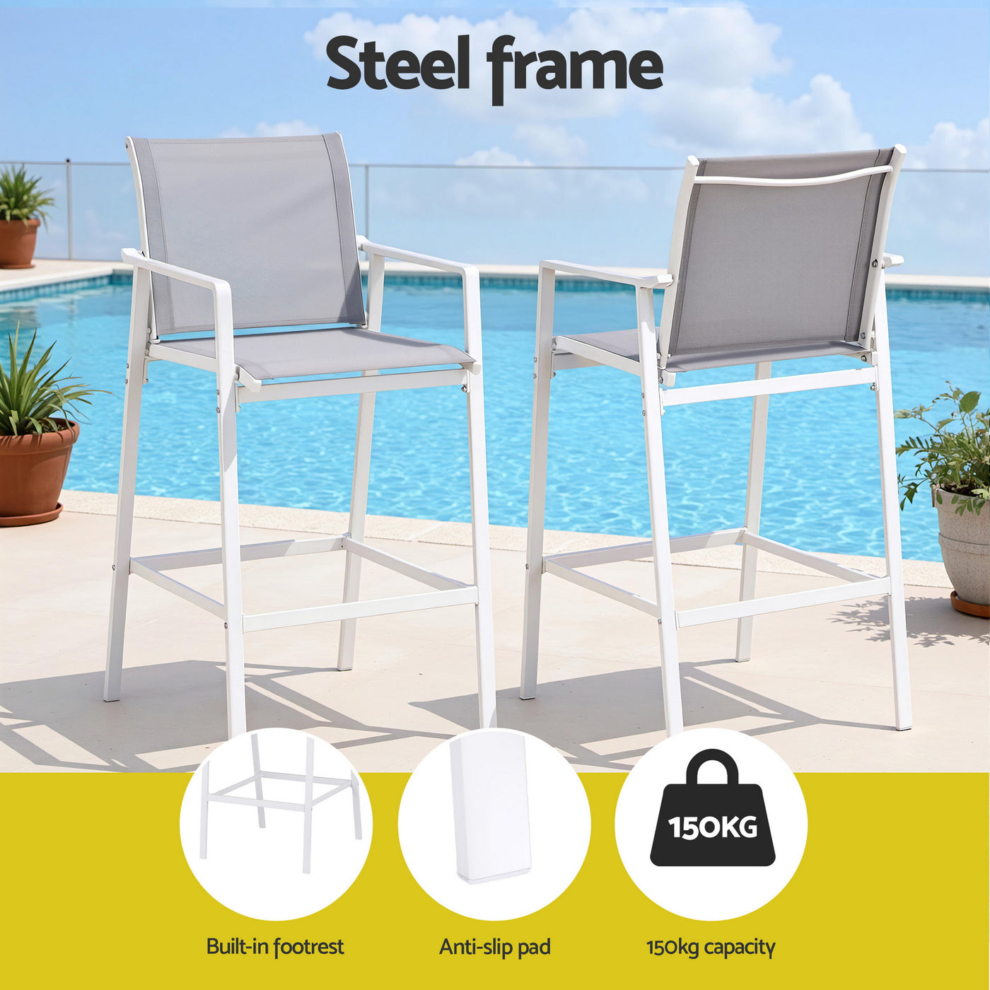 2PC Outdoor Bar Stools Dining Chairs Patio Furniture Garden Steel Textilene White – product image 5