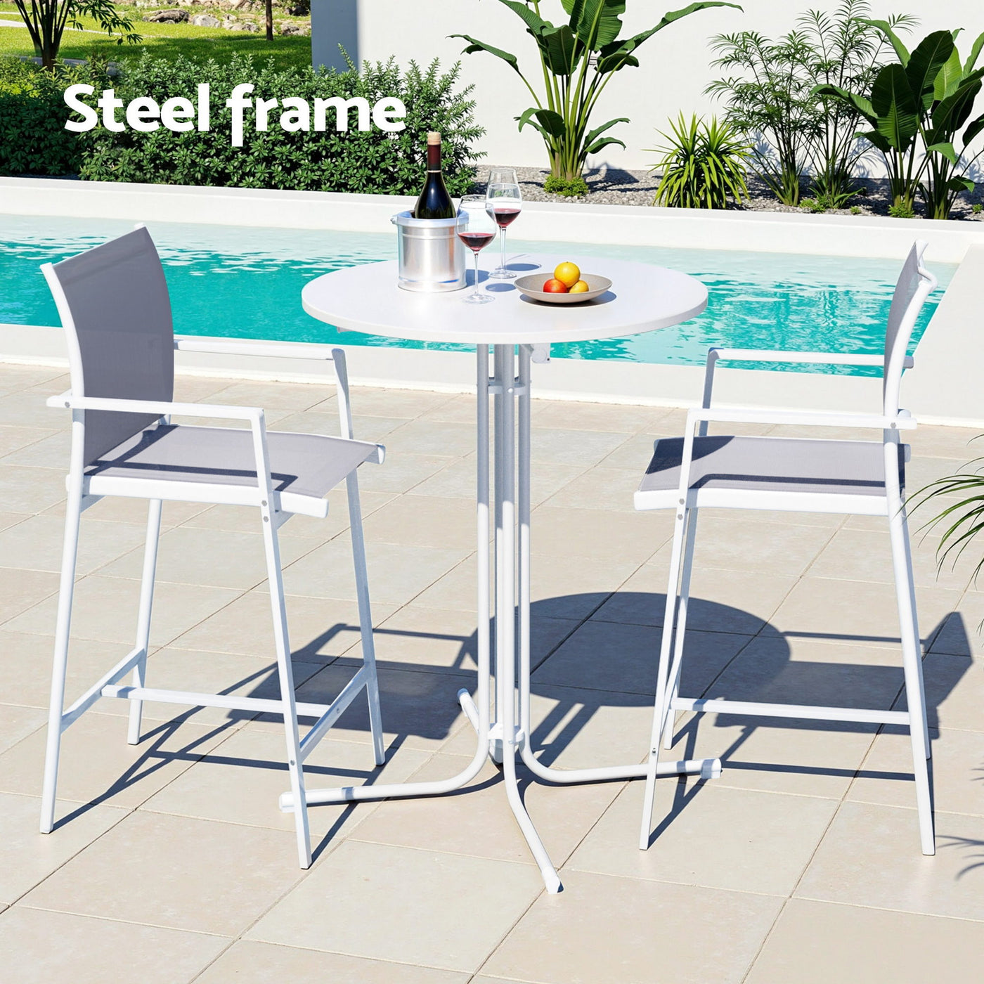 3PC Outdoor Bar Set Stools Dining Chairs Table Patio Furniture Bistro Set Steel White – product image 4