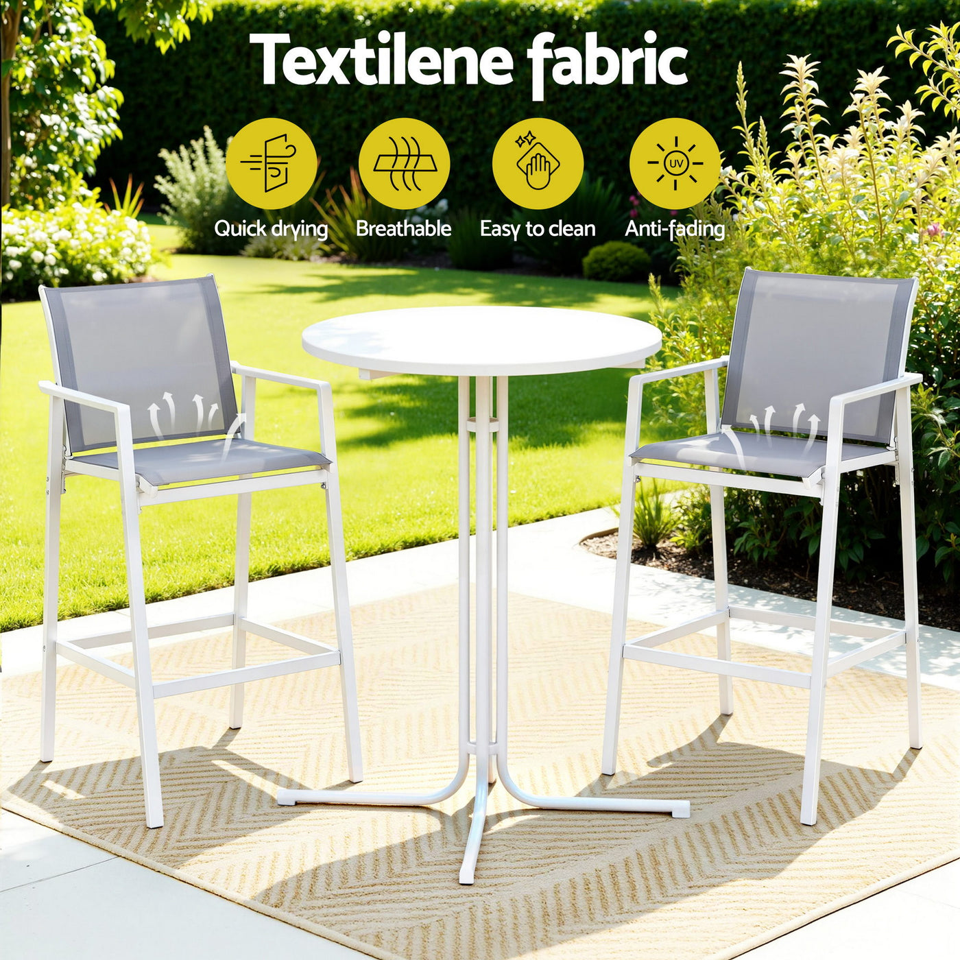 3PC Outdoor Bar Set Stools Dining Chairs Table Patio Furniture Bistro Set Steel White – product image 5