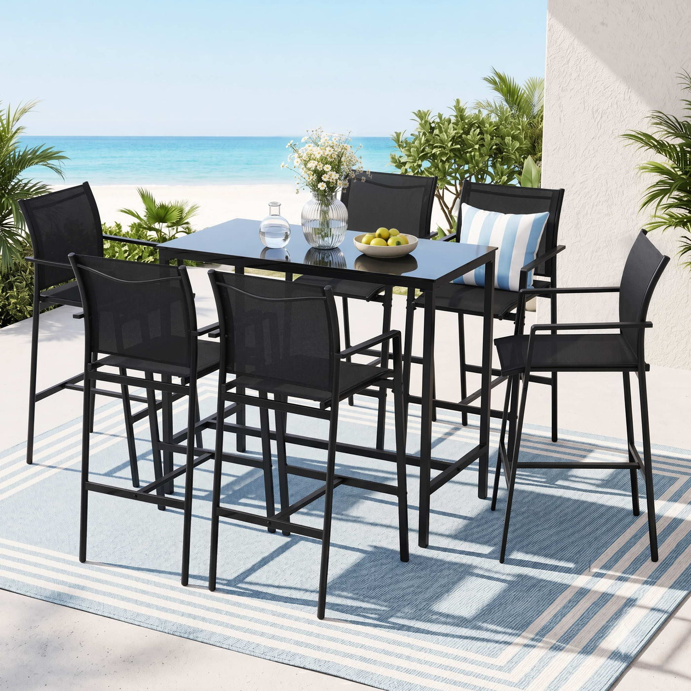 7PCS Outdoor Bar Set Stools Dining Chairs Table Patio Steel Bistro Set Black – product image 1