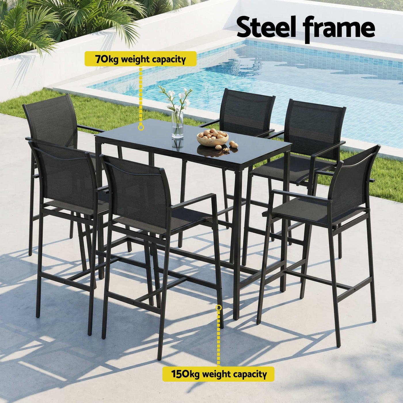 7PCS Outdoor Bar Set Stools Dining Chairs Table Patio Steel Bistro Set Black – product image 4