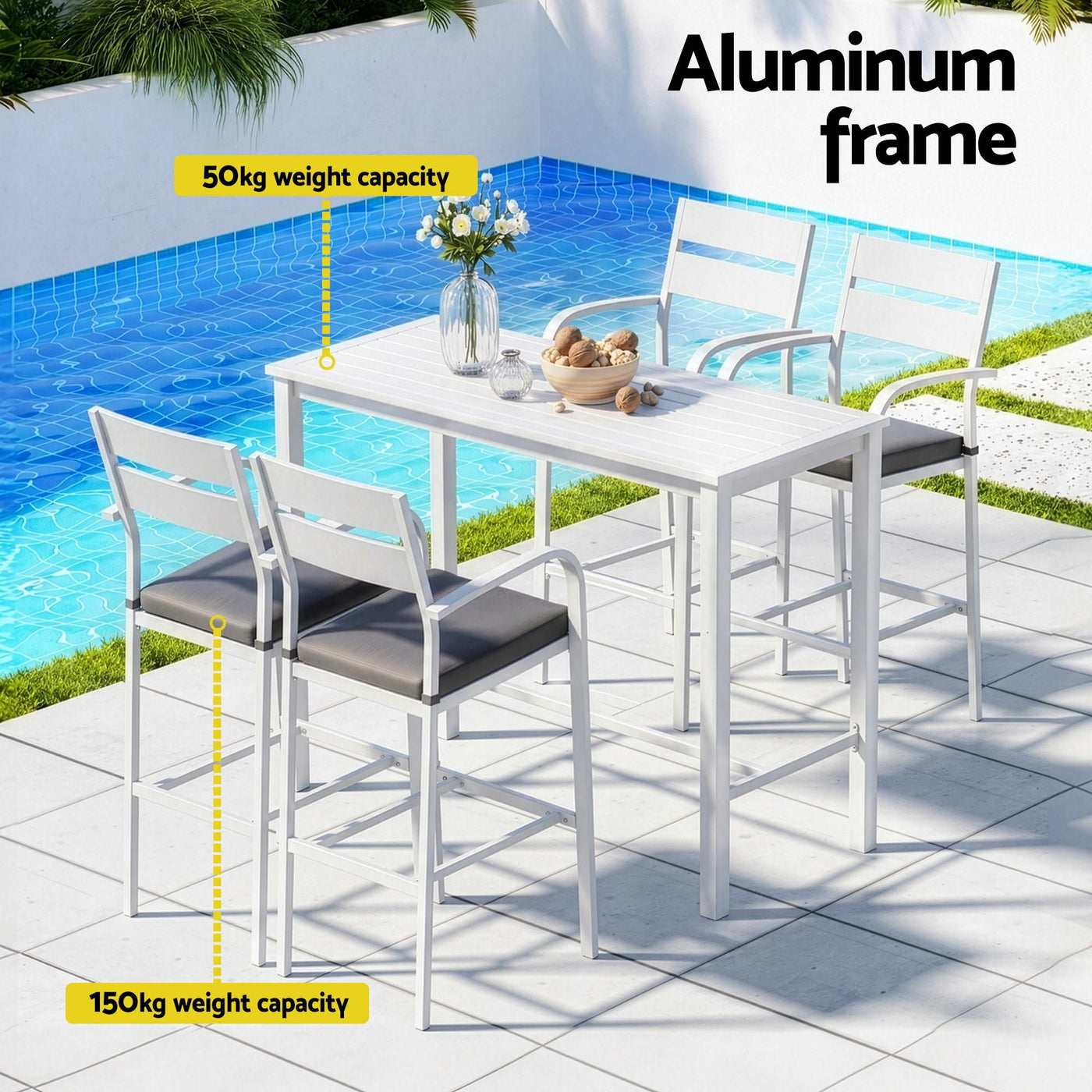 Outdoor Bar Set 5-Piece Patio Dining Chairs Aluminium Table Stools White – product image 4