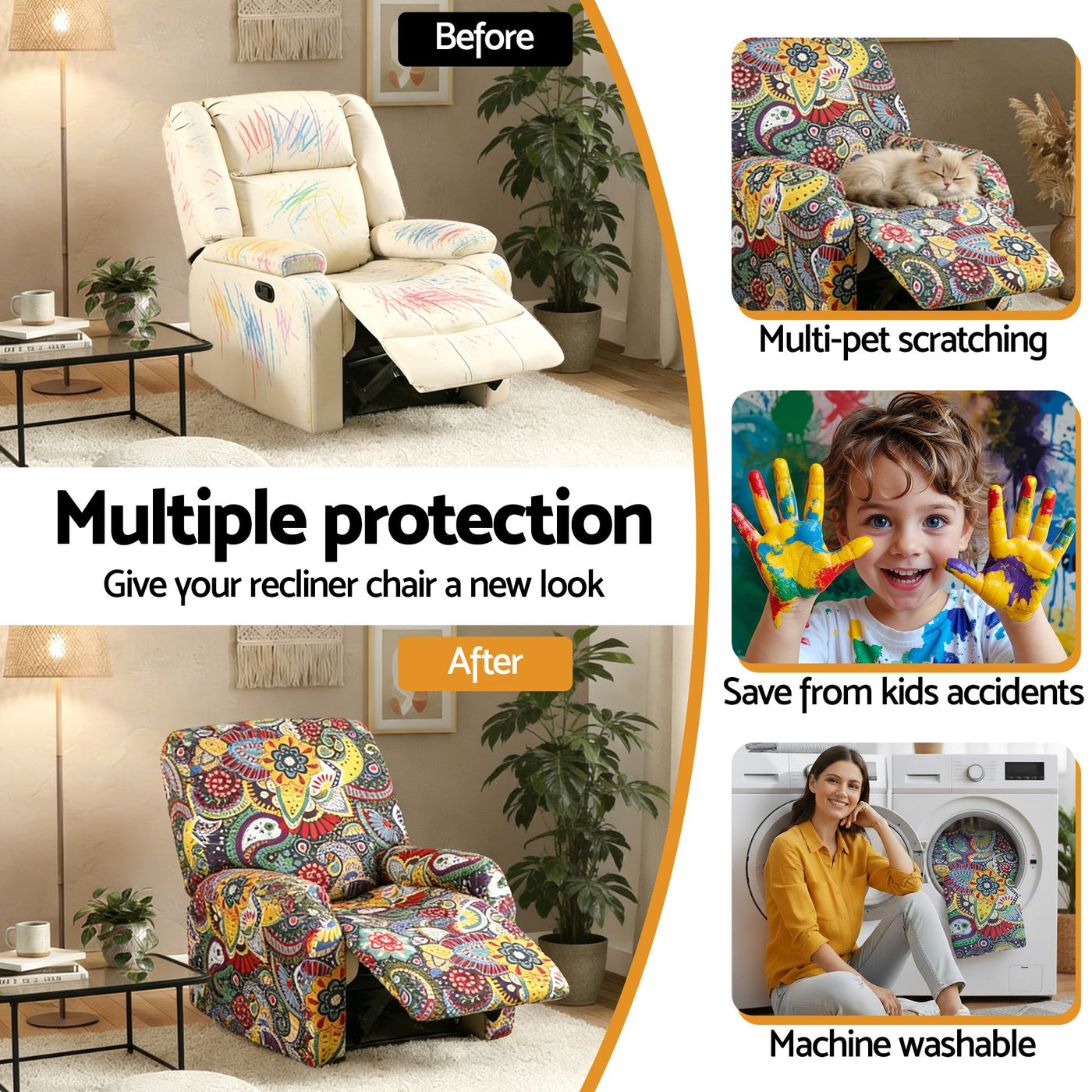 Artiss Stretch Kids Recliner Cover 4-Pieces Recliner Chair Slipcovers Printed Polyester