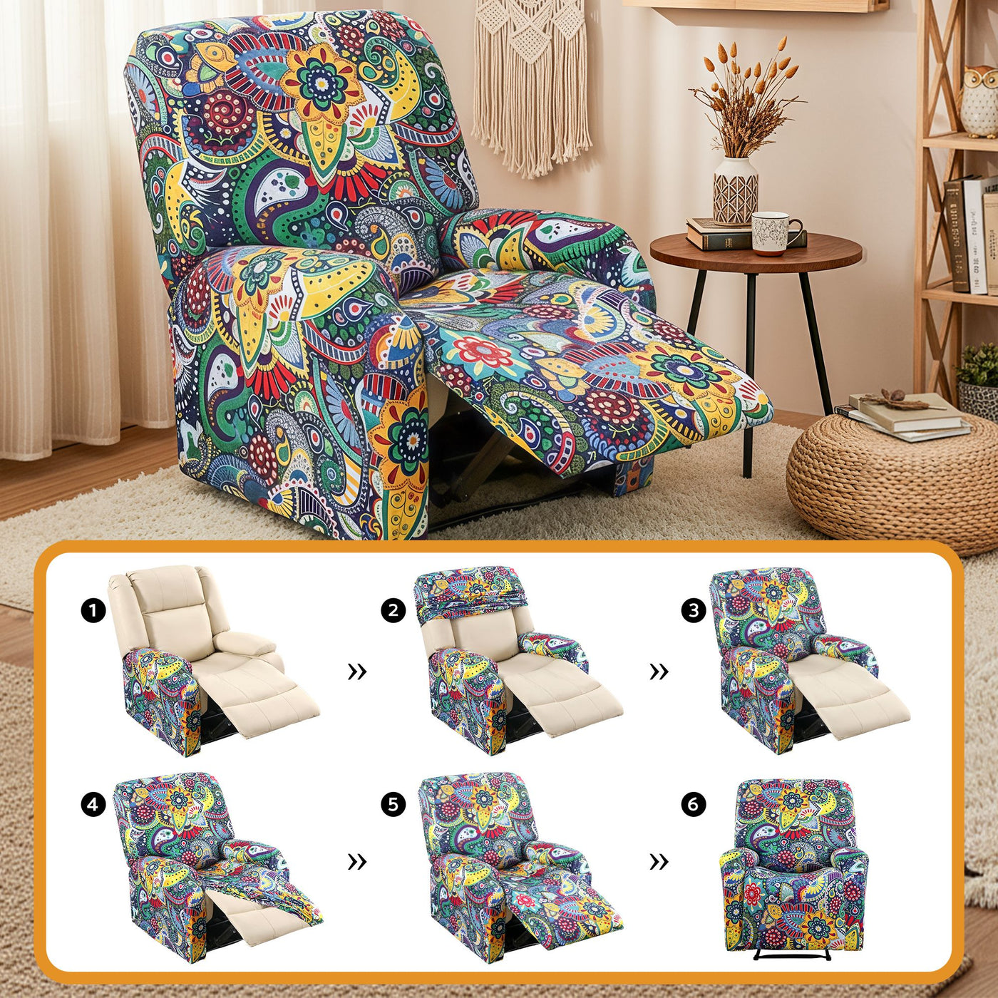 Artiss Stretch Kids Recliner Cover 4-Pieces Recliner Chair Slipcovers Printed Polyester